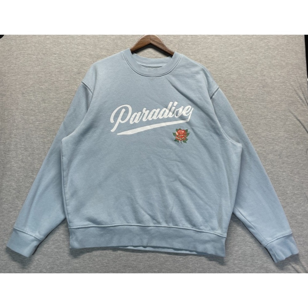 Old Navy Sweatshirt Mens XL Light Blue Graphic Rose Paradise Logo Fleece Lined